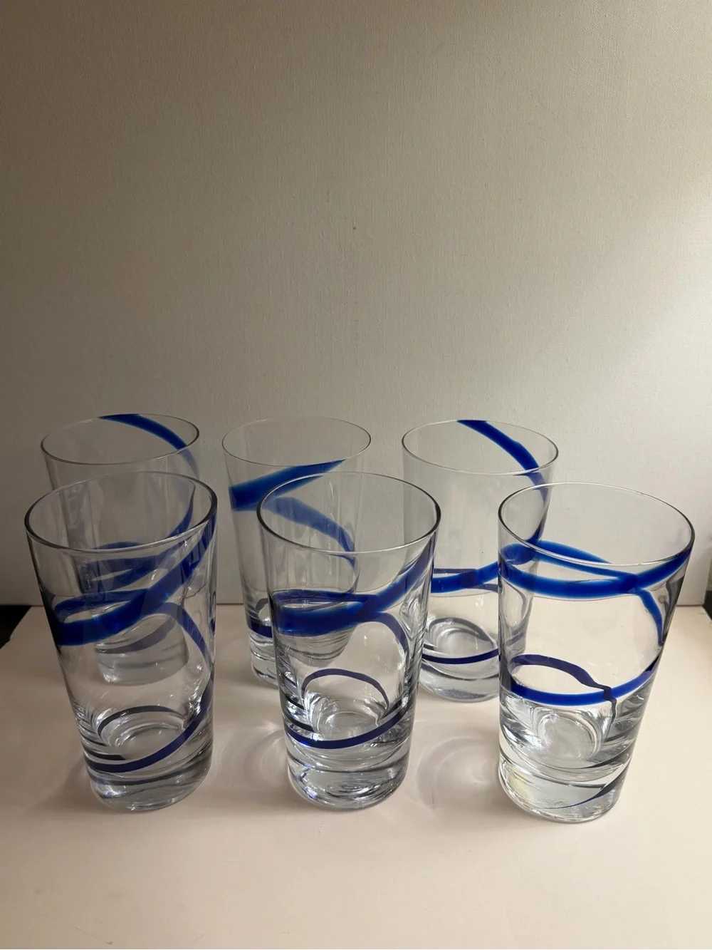 Pier 1 Set of 6 Glass Swirline Blue Tumblers 20 ounce